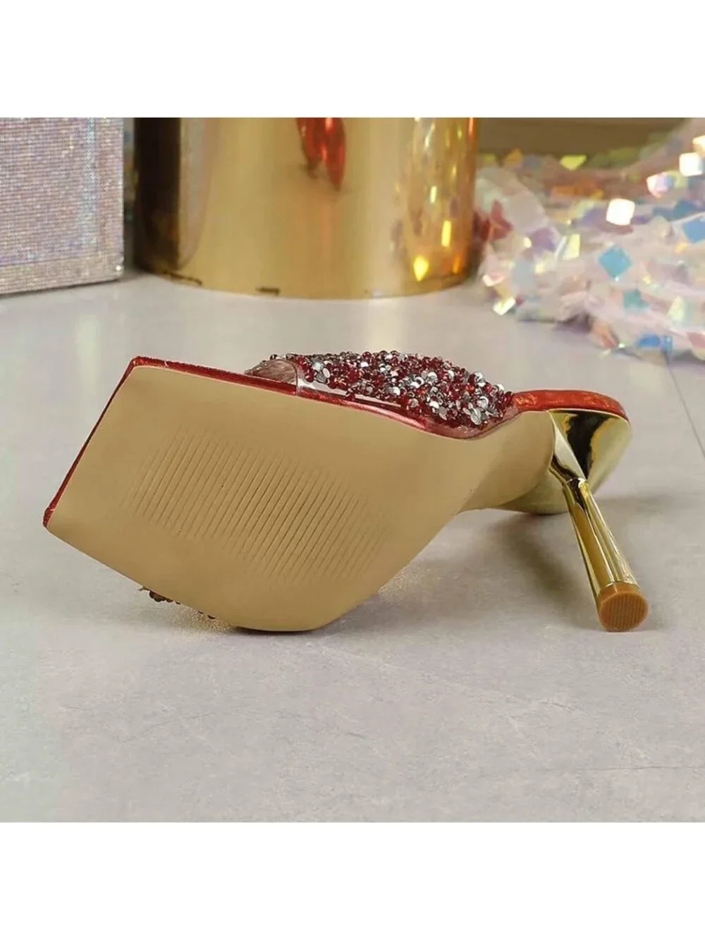 Women's Red Wide Strap Shiny Rhinestones Stiletto Mules Sandals Square Open Toe